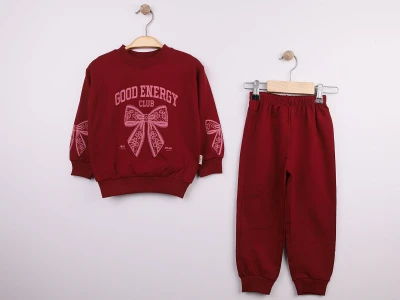 Toptan FEELY KİDS Fiyonk Baskılı Kız Takım Burgundy - Beniz Bebe