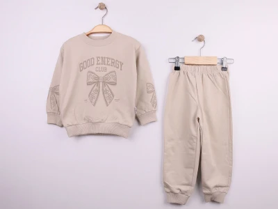 Toptan FEELY KİDS Fiyonk Baskılı Kız Takım Beige - Beniz Bebe