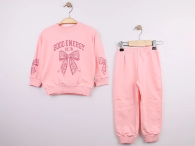 Toptan FEELY KİDS Fiyonk Baskılı Kız Takım Pink - Beniz Bebe