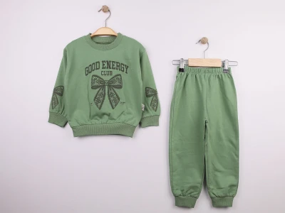 Toptan FEELY KİDS Fiyonk Baskılı Kız Takım Green - Beniz Bebe