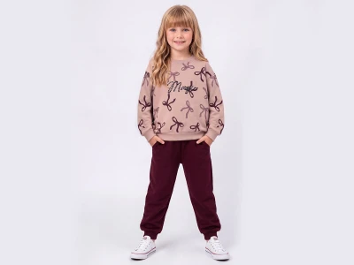 Toptan FEELY KİDS Fiyonk Baskılı Taş Detaylı 3 İp Şardonlu Kız Takım  - Toptan Çocuk Giyim Beniz Kids