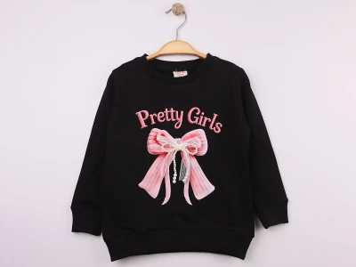 Toptan STAR FİLE Fiyonk Baskılı Taş Detaylı Kız Sweat  - Toptan Çocuk Giyim Beniz Kids