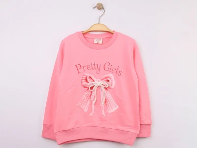 Toptan STAR FİLE Fiyonk Baskılı Taş Detaylı Kız Sweat  PEMBE - Beniz Bebe