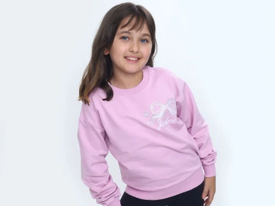 Toptan VIZVIZ Fiyonk Baskılı Taş İşlemeli 2 İp Kız Sweat  PEMBE - Beniz Bebe