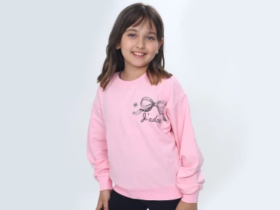 Toptan VIZVIZ Fiyonk Baskılı Taş İşlemeli 2 İp Kız Sweat  AÇIKPEMBE - Beniz Bebe