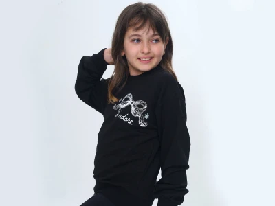 Toptan VIZVIZ Fiyonk Baskılı Taş İşlemeli 2 İp Kız Sweat  SİYAH - Beniz Bebe