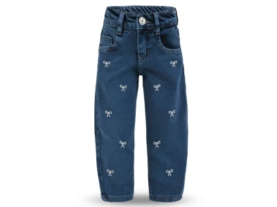 Toptan SERCİNO Fiyonk Desenli Baggy Kız Kot Pantolon  MAVİ - Beniz Bebe