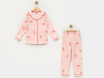 Toptan DOLAŞ Fiyonk Desenli Kız Bebe Pijama Takım SOMON - Beniz Bebe
