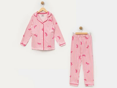 Toptan DOLAŞ Fiyonk Desenli Kız Bebe Pijama Takım PEMBE - Beniz Bebe