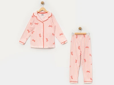 Toptan DOLAŞ Fiyonk Desenli Kız Bebe Pijama Takım SOMON - Beniz Bebe
