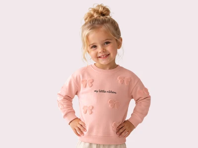 Toptan ROYA KİDS Fiyonk Desenli Taş Detaylı 3 İp Şardonlu Kız Sweat  PEMBE - Beniz Bebe