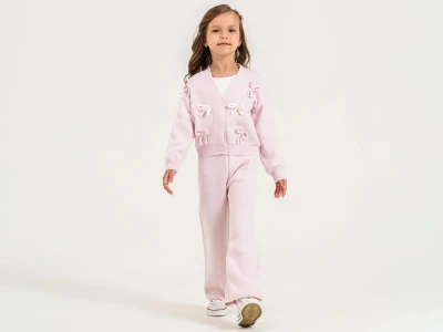 Toptan PAMPAL KİDS Fiyonk Detaylı Baskılı Triko Ceketli Kız Üçlü Takım  - Toptan Çocuk Giyim Beniz Kids