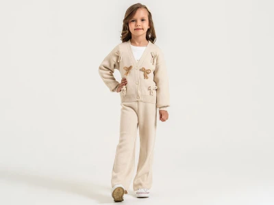 Toptan PAMPAL KİDS Fiyonk Detaylı Baskılı Triko Ceketli Kız Üçlü Takım  - Toptan Çocuk Giyim Beniz Kids