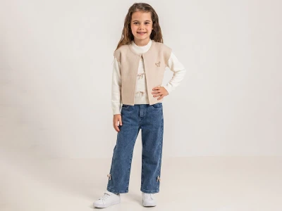 Toptan PAMPAL KİDS Fiyonk Detaylı Çizgili Triko Yelekli Kız Üçlü Takım  - Toptan Çocuk Giyim Beniz Kids