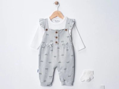 Toptan NAFİTTO Fiyonk Detaylı Çoraplı Kız Bebek Tulum GRİ - Beniz Bebe