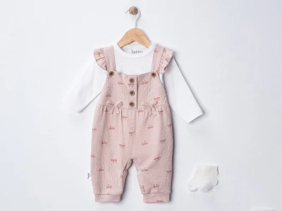 Toptan NAFİTTO Fiyonk Detaylı Çoraplı Kız Bebek Tulum PEMBE - Beniz Bebe