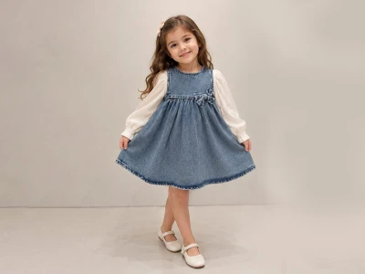 Toptan MENSİS Fiyonk Detaylı İkili Kot Elbise Set - Toptan Çocuk Giyim Beniz Kids