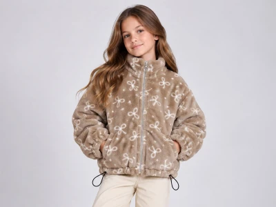 Toptan ÖZ BEBE Fiyonk Detaylı Kız Peluş Mont Brown - Beniz Bebe