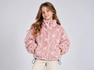 Toptan ÖZ BEBE Fiyonk Detaylı Kız Peluş Mont Pink - Beniz Bebe