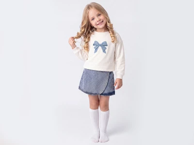 Toptan ÇİLEK BEBE Fiyonk Detaylı Taşlı Etekli Kız Takım - Toptan Çocuk Giyim Beniz Kids