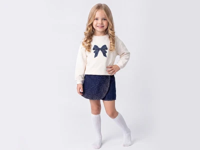 Toptan ÇİLEK BEBE Fiyonk Detaylı Taşlı Etekli Kız Takım MAVİ - Beniz Bebe