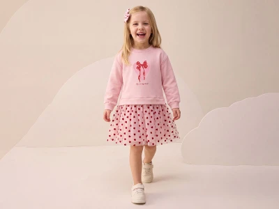 Toptan BUPPER Fiyonk Detaylı Tokalı Elbise PEMBE - Beniz Bebe