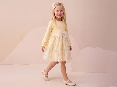 Toptan BUPPER Fiyonk Detaylı Tokalı Elbise - Toptan Çocuk Giyim Beniz Kids