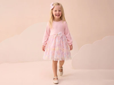 Toptan BUPPER Fiyonk Detaylı Tokalı Elbise PEMBE - Beniz Bebe