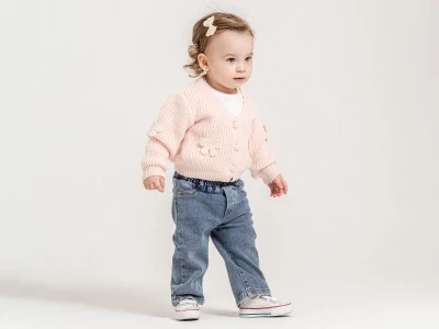 Toptan PAMPAL KİDS Fiyonk Detaylı Triko Hırkalı Üçlü Kız Takım - Toptan Çocuk Giyim Beniz Kids
