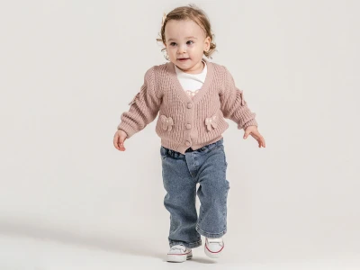 Toptan PAMPAL KİDS Fiyonk Detaylı Triko Hırkalı Üçlü Kız Takım GÜLKURUSU - Beniz Bebe