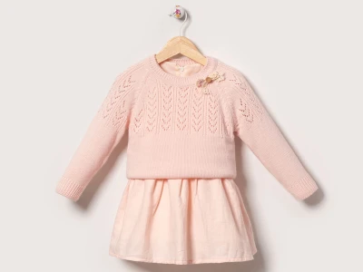 Toptan EBRULİ Fiyonk Detaylı Triko Kazaklı Kız Elbise  PEMBE - Beniz Bebe