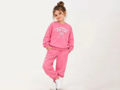 Toptan BICIR KİDS Fiyonk Girl Baskılı Kız Takım  Pink - Beniz Bebe