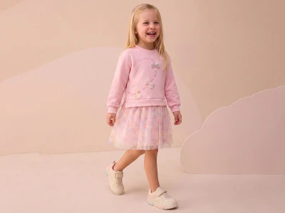 Toptan BUPPER Fiyonk Nakışlı 3 İp Elbise PEMBE - Beniz Bebe