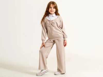 Toptan YAVRUCAK Fiyonk Nakışlı Gömleki Oysho Kız Üçlü Takım  - Toptan Çocuk Giyim Beniz Kids