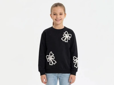 Toptan İ-CAN Fiyonk Nakışlı Kız Sweat - Toptan Çocuk Giyim Beniz Kids