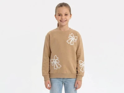 Toptan İ-CAN Fiyonk Nakışlı Kız Sweat KAHVERENGİ - Beniz Bebe