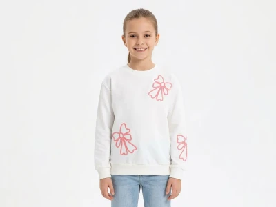 Toptan İ-CAN Fiyonk Nakışlı Kız Sweat BEYAZ - Beniz Bebe
