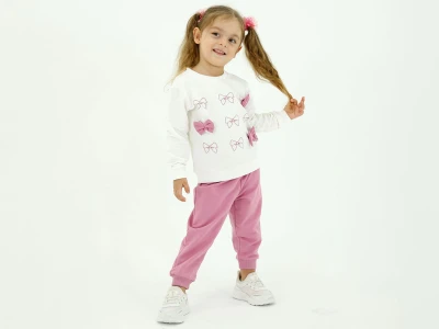 Toptan BICIR KİDS Fiyonk Nakışlı Kız Takım  PEMBE - Beniz Bebe
