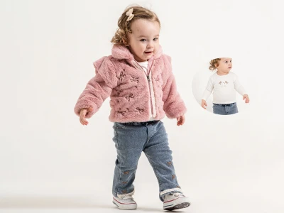 Toptan PAMPAL KİDS Fiyonk Nakışlı Peluş Ceketli Üçlü Kız Takım - Toptan Çocuk Giyim Beniz Kids