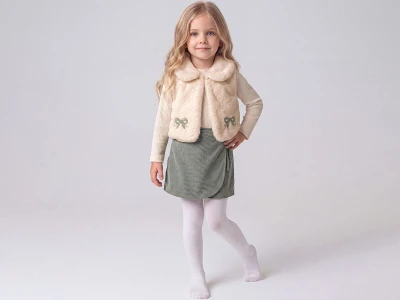 Toptan ÇİLEK BEBE Fiyonk Nakışlı Peluş Yelekli Üçlü Kız Takım ЗЕЛЕНЫЙ - Beniz Bebe