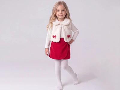Toptan ÇİLEK BEBE Fiyonk Nakışlı Peluş Yelekli Üçlü Kız Takım KIRMIZI - Beniz Bebe