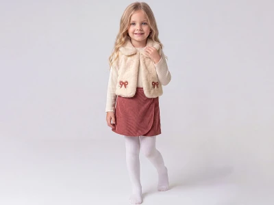 Toptan ÇİLEK BEBE Fiyonk Nakışlı Peluş Yelekli Üçlü Kız Takım Кафельная плитка - Beniz Bebe