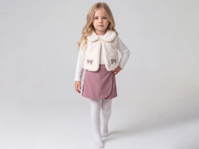 Toptan ÇİLEK BEBE Fiyonk Nakışlı Peluş Yelekli Üçlü Kız Takım Сушеная роза - Beniz Bebe