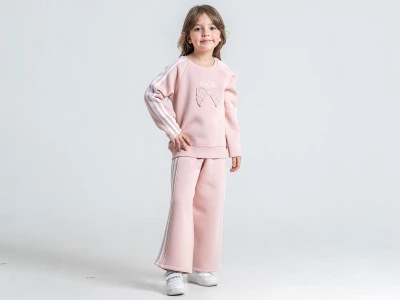 Toptan PAMPAL KİDS Fiyonk Nakışlı Pul Detaylı 3 İp Şardonlu Kız Takım  - Toptan Çocuk Giyim Beniz Kids