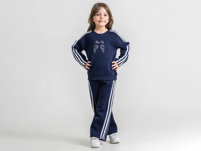 Toptan PAMPAL KİDS Fiyonk Nakışlı Pul Detaylı 3 İp Şardonlu Kız Takım  Navy blue - Beniz Bebe