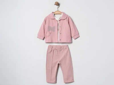 Toptan ELCİ BABY Fiyonk Nakışlı Üçlü Kız Bebe Takım - Toptan Çocuk Giyim Beniz Kids