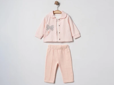 Toptan ELCİ BABY Fiyonk Nakışlı Üçlü Kız Bebe Takım PUDRA - Beniz Bebe