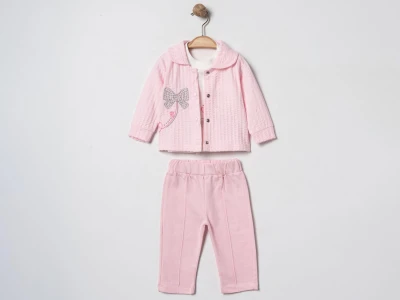 Toptan ELCİ BABY Fiyonk Nakışlı Üçlü Kız Bebe Takım PEMBE - Beniz Bebe
