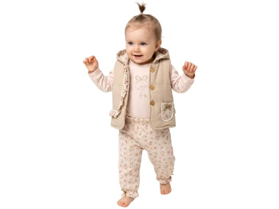 Fiyonk Nakışlı Yelekli Üçlü Kız Bebe Takım 