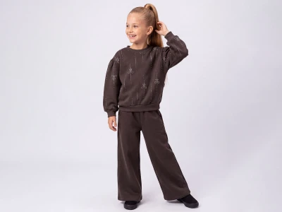 Toptan FEELY KİDS Fiyonk Taş Detaylı 3 İp Şardonlu Kız Takım  - Toptan Çocuk Giyim Beniz Kids